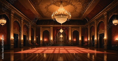 Palace Ballroom Theatre Hall. Abandoned amphitheater auditorium room. Royal dance hall in noble mansion interior.