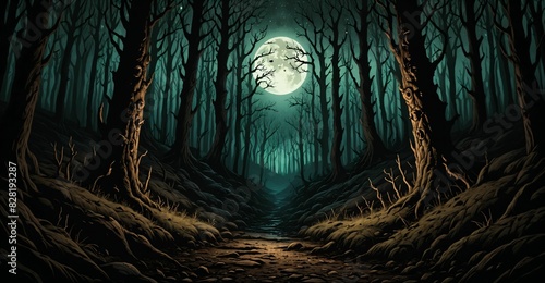 dark forest with dead trees at night under scary sky and moon. horror woods in fog. background wallpaper banner.