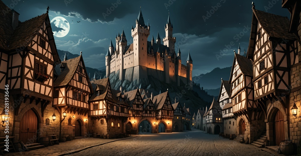 medieval gothic castle palace in city town at night under clouds and moon. fantasy old ancient cityscape.	