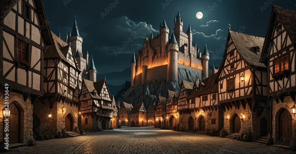 Naklejka premium medieval gothic castle palace in city town at night under clouds and moon. fantasy old ancient cityscape. 