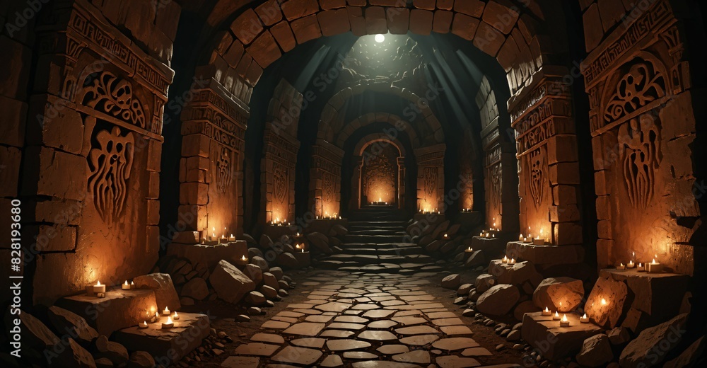 Obraz premium underground catacombs medieval fantasy dark tomb with walkways skulls and torches. horror building interior. lair of the dead and damned.