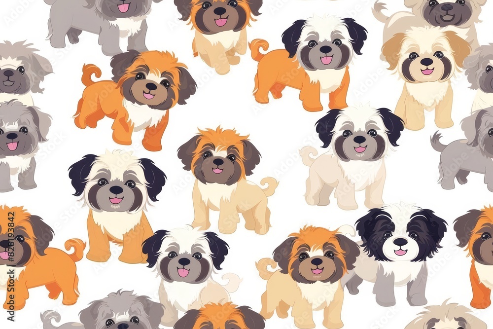 Seamless pattern of Cartoon Shih Tzus in Vibrant Colors and Playful Poses Arranged in a Lively Grid Pattern