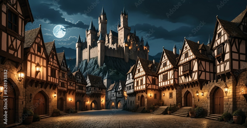 Fototapeta premium medieval gothic castle palace in city town at night under clouds and moon. old ancient cityscape.