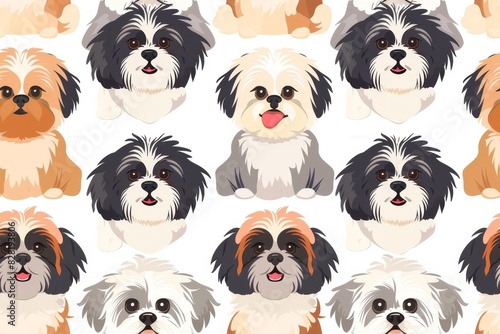 Seamless pattern of Cartoon Shih Tzus Exhibiting Playful Poses and Colors in a Grid Pattern photo