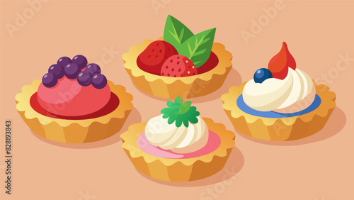 Miniature fruit tarts with a buttery crust filled with a selection of fresh seasonal fruits and a dollop of whipped cream on top.. Vector illustration