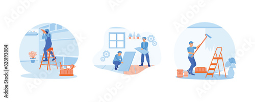 Contractor workers installing the ceiling of a house. Installing indoor floor tiles. The painter paints the walls inside the house. Home renovation concept. Set flat vector illustration.