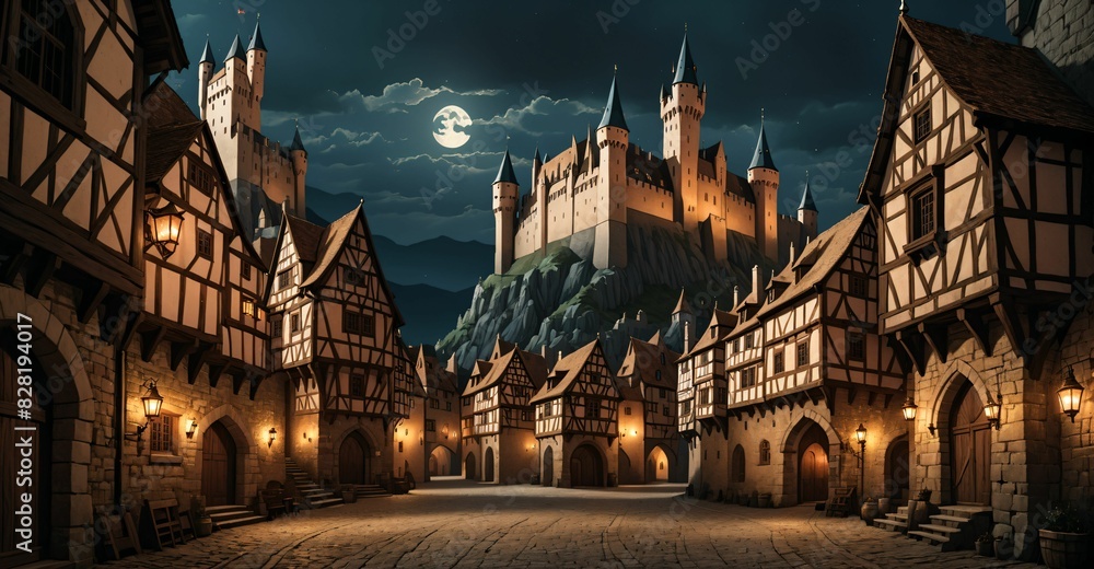 Fototapeta premium medieval gothic castle palace in city town at night under clouds and moon. old ancient cityscape.