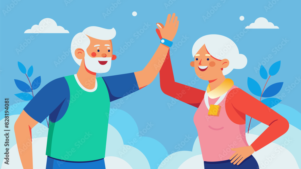 A senior couple highfiving after completing a relay race at a fun fitness competition for older adults.. Vector illustration A senior couple highfiving after completing a relay race at a fun fitness competition for older adults.. Vector illustration