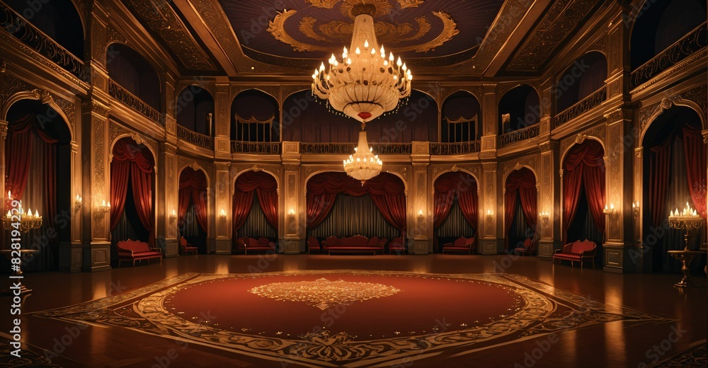 Obraz premium ballroom palace castle room interior. empty with light fixtures with chandelier and reflections in floor.
