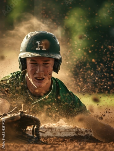 Determined Baseball Player Slides into Base: A High-Contrast Cinematic Slow-Motion Shot photo
