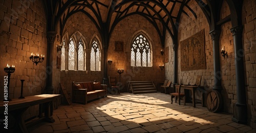 gothic castle palace building interior. goth cathedral rose art Nuevo deco window architecture with arches and torch light.