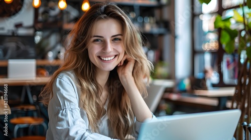 Confident Young Businesswoman Enjoying Productive Workday in Cozy Cafe Office