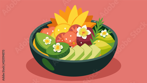 A poke bowl filled with fresh chunks of salmon avocado and mango drizzled with a trendy poke sauce and topped with edible flowers.. Vector illustration