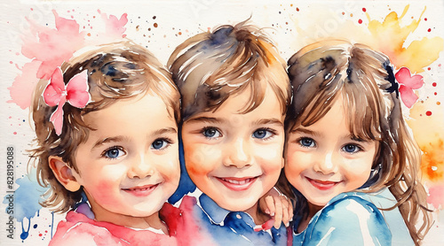 Group of little girls smiling and happiness, watercolor painting style, generative AI.