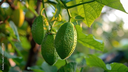 Sour bright green Kamias fruit commonly found in Southeast Asia growing on a tropical cucumber tree photo