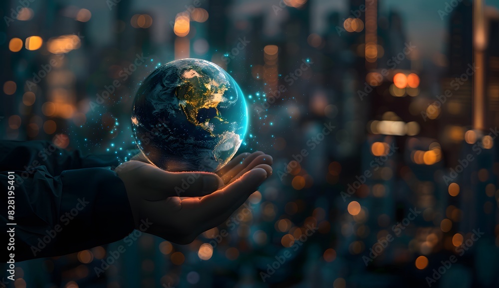Fototapeta premium Businessman holding glowing hologram earth in his hands over dark background with city lights