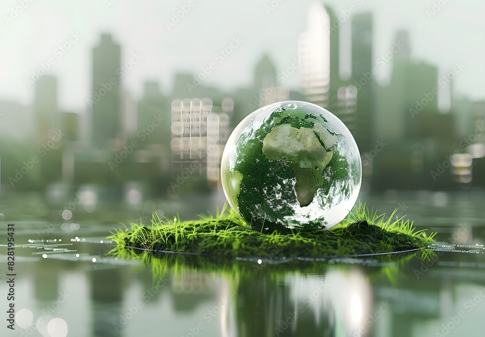 3D rendering of a glass globe with a green earth on a city background | concept of green energy and sustainable development 3D rendering of a glass globe with a green earth on a city background | concept of green energy and sustainable development