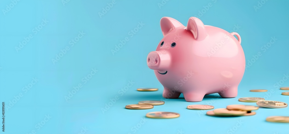 Pink piggy bank with coins on a blue background | concept of financial savings Pink piggy bank with coins on a blue background | concept of financial savings