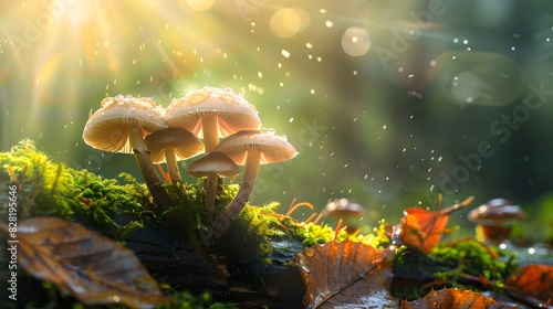 A group of mushrooms growing on a mossy log in a forest, with raindrops and morning dew on leaves