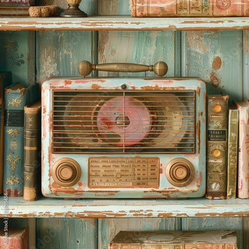 Retro radio on a shelf with old books and knick knacks, nostalgic, soft pastel, watercolor photo