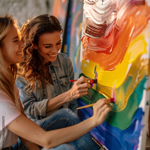 53. LGBT couple painting a Pride flag on a canvas, creative expression of love and support