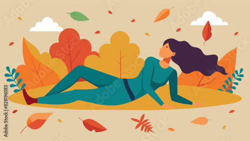 A woman lying on a bed of fallen leaves using the rustling sounds of the forest to relax and unwind.. Vector illustration