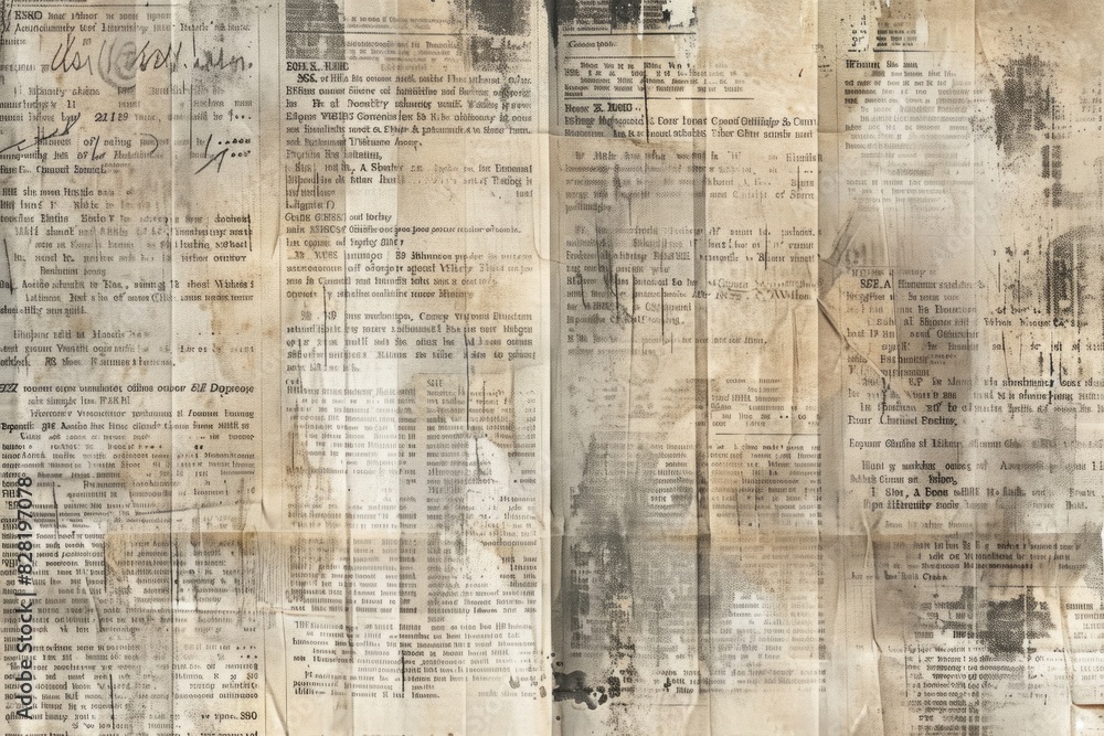 Fototapeta premium Close-up of a newspaper spread displaying numerous blocks of printed text. Busy, news-oriented concept.