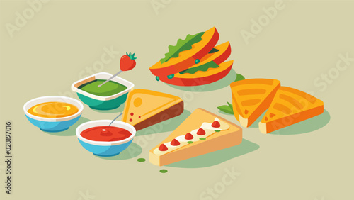 A trail of grilled cheese in different flavors such as classic jalapeno popper and caprese served with a selection of dipping sauces.. Vector illustration