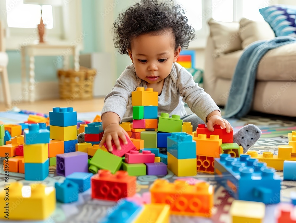 A toddler playing with colorful building blocks selective focus, childhood, whimsical, Multilayer, playroom backdrop A toddler playing with colorful building blocks selective focus, childhood, whimsical, Multilayer, playroom backdrop