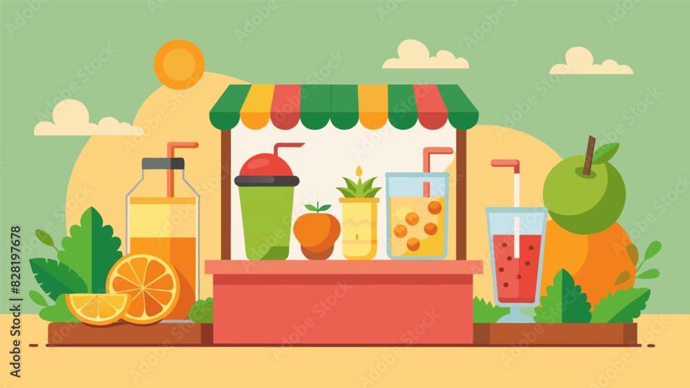 A refreshing juice bar offering freshly squeezed juices and smoothies made from local organic fruits and vegetables.. Vector illustration A refreshing juice bar offering freshly squeezed juices and smoothies made from local organic fruits and vegetables.. Vector illustration