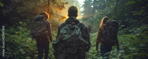 A group of friends hiking through a forest trail focus on, adventure, realistic, Double exposure, woodland backdrop