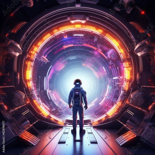 A lone astronaut stands before a glowing portal in a futuristic sci-fi setting, ready to embark on an interstellar journey into the unknown.