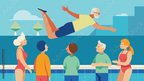 An instructor demonstrating proper diving technique to a group of older adults as they eagerly watch from the edge of the pool.. Vector illustration