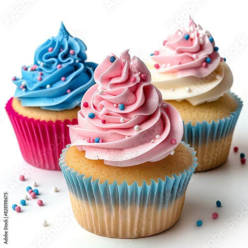 Three delicious cupcakes with colorful frosting and sprinkles, perfect for celebrations and sweet tooth cravings. photo