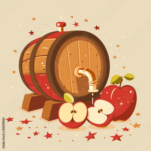 red wooden barrel with a faucet and sliced red apples with green leaves