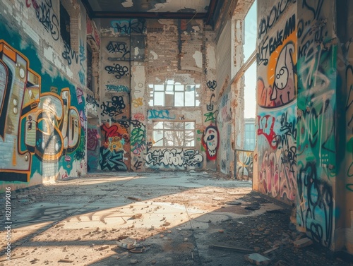 Abandoned building interior with vibrant graffiti art covering the walls  showcasing urban decay and street art creativity.