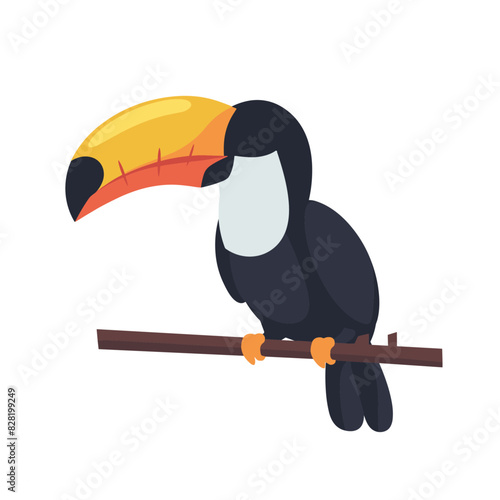 A bright toucan with a large beak sitting on a branch