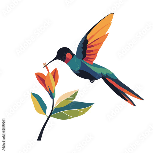A tiny hummingbird hovering in the air with a flower in its beak