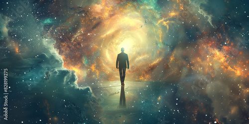 An astral body silhouette with abstract space background in a digital illustration, suitable for spiritual and meditation-related  content photo