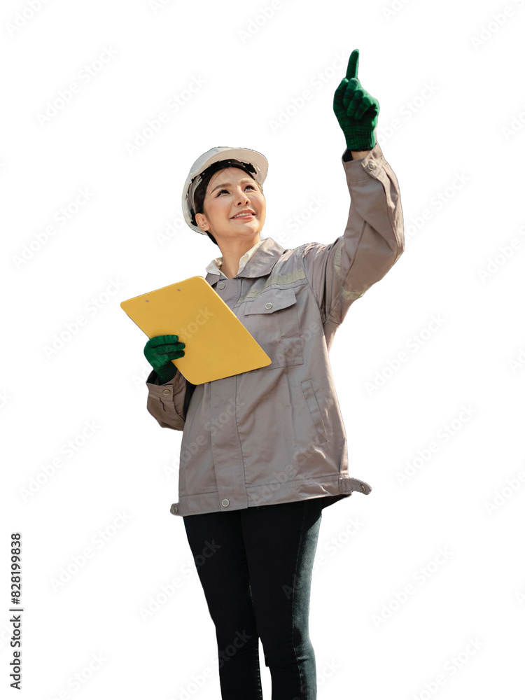 Portrait of asian woman worker holding clipboard and pointing