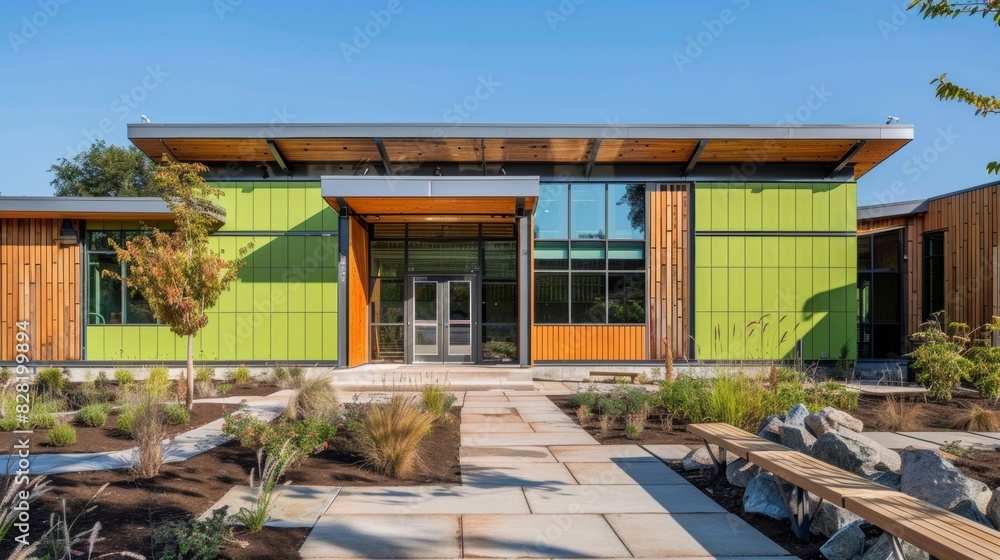 A vibrant green community center built with sustainable materials such as reclaimed wood and natural stones. A vibrant green community center built with sustainable materials such as reclaimed wood and natural stones.