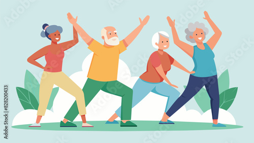 A circle of seniors doing yoga stretches before their walk promoting a holistic approach to physical wellness.. Vector illustration © Justlight