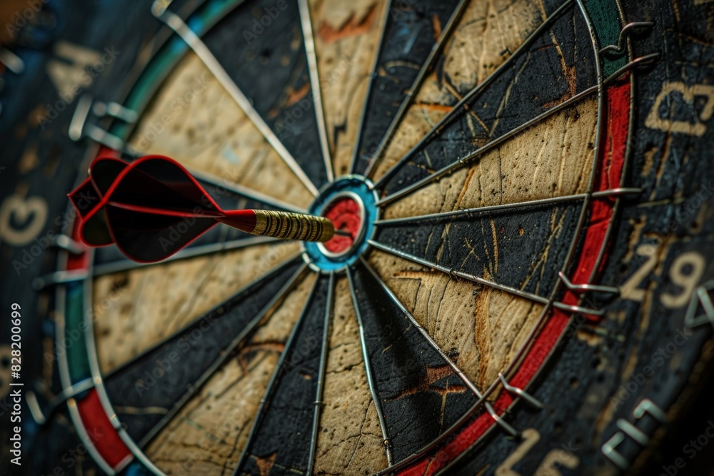 Close-up of a dart hitting the bullseye on a dartboard, symbolizing precision, accuracy, and success in the game or achieving goals. Close-up of a dart hitting the bullseye on a dartboard, symbolizing precision, accuracy, and success in the game or achieving goals.