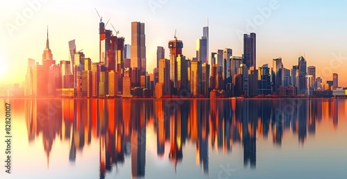 Stunning city skyline with modern skyscrapers at sunset  urban landscape with reflection in the style of water and clear sky