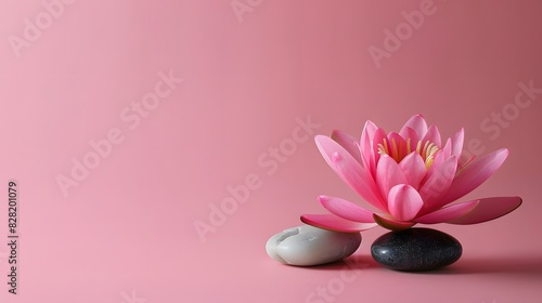 Lotus flower and two stones on a table against a pink background  banner with space for copy in the style of spa or wellness themes.