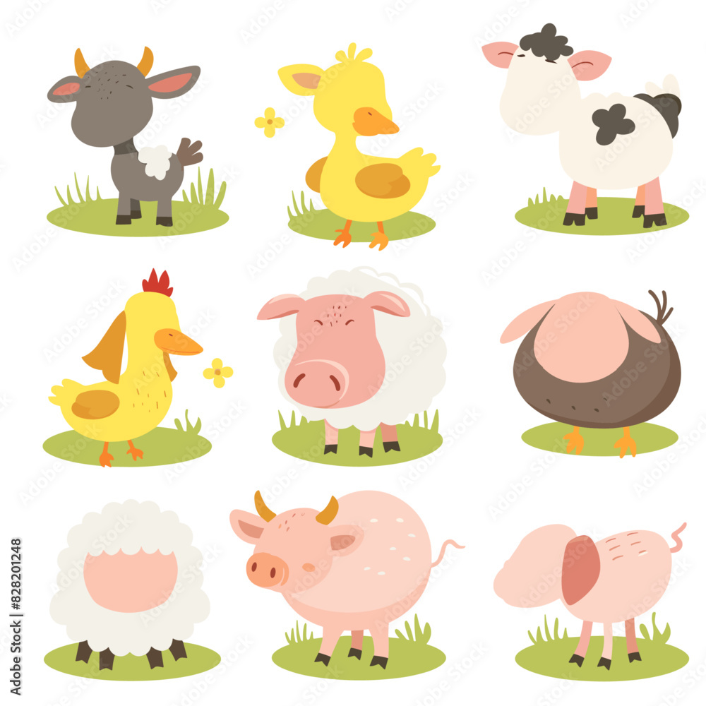 A set of farm animals standing in a grassy field A set of farm animals standing in a grassy field