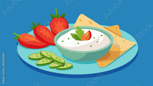 Tangy and creamy tzatziki dip served with a selection of fresh veggies pita bread and crispy flatbread crackers.. Vector illustration
