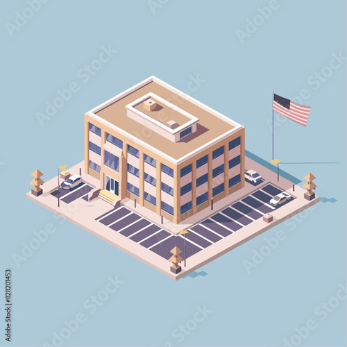 A colorful isometric illustration of a police station with squad cars parked outside