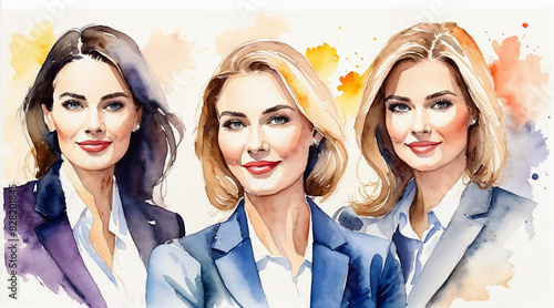 Group of business woman smiling and happiness, watercolor painting style, generative AI.
