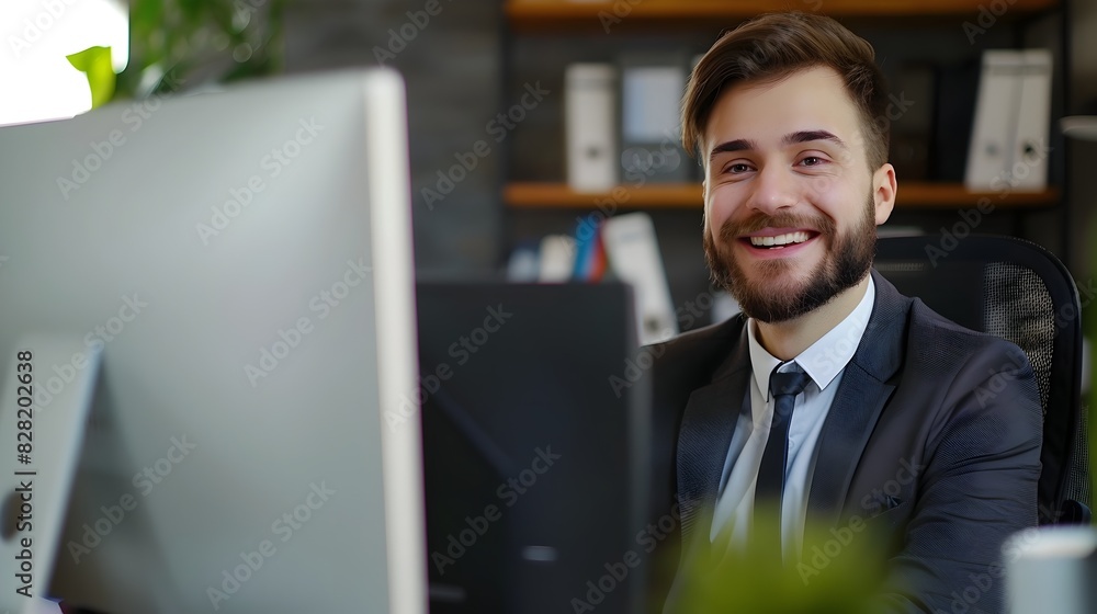 Young Confident Businessman Working Diligently at His Desk in the Office